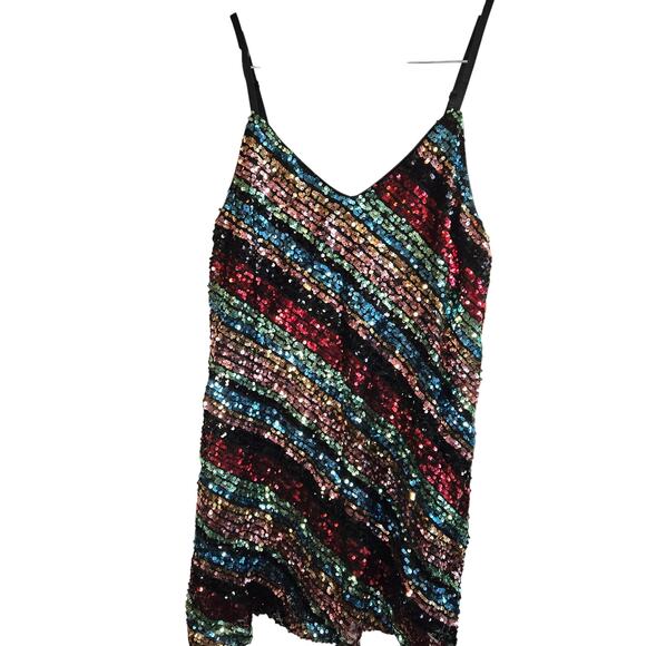 XL Multicolor Rainbow Sequin Party Dress–Black Lined Slip Dress Stretchy Sparkle - Picture 1 of 6
